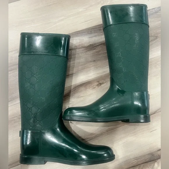 GUCCI Green Monogram GG Supreme Rain Boots Knee Calf High sz. 36 - Picture 4 of 15